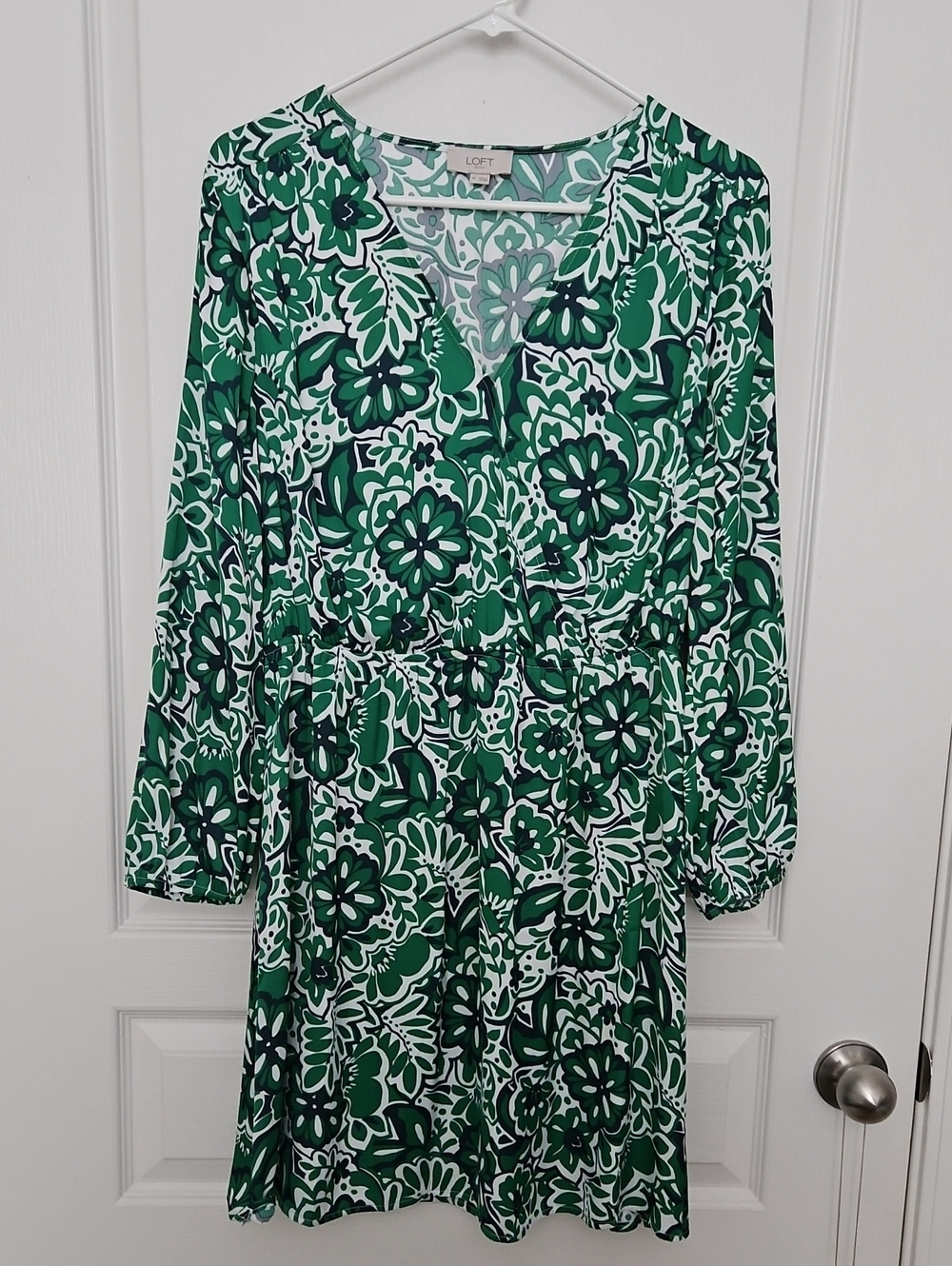 LOFT Green White Floral Long Sleeve Dress, Medium